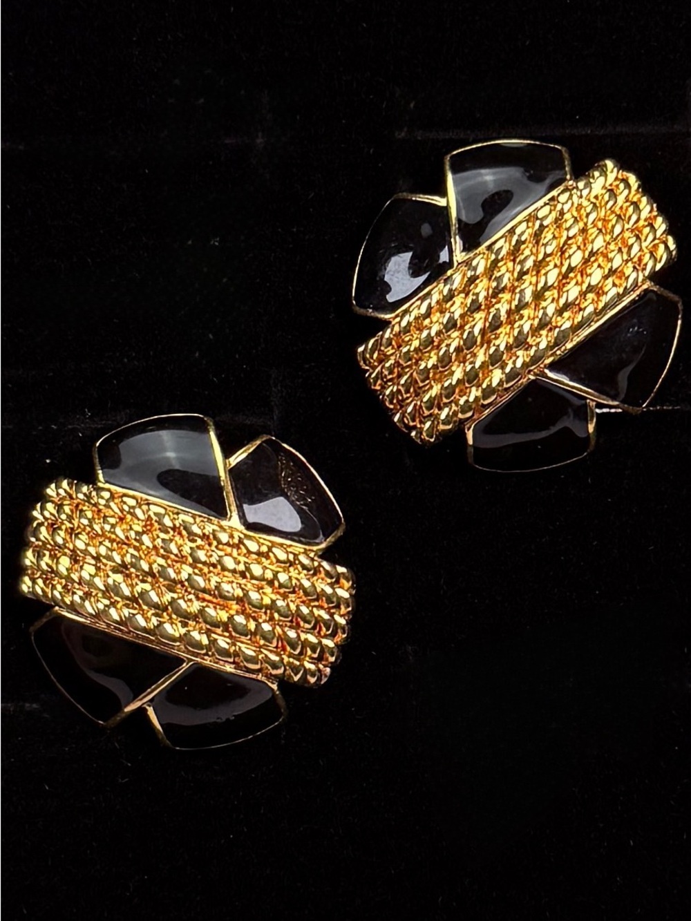 Vintage, goldtone, black enamel clip on earrings